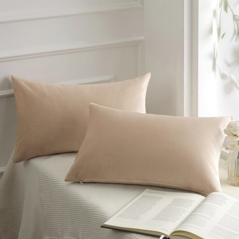 Phantoscope Pack of 2 Velvet Decorative Throw Decorative Pillow Cover Soft Solid Square Cushion Case for Couch Beige 12 x 20 inches 30 x 50 cm - Image 1